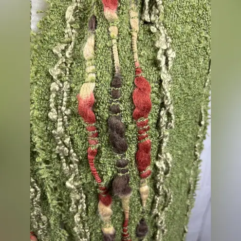 NWT Noelle Scarf Boucle Fuzzy Fringe Green with Multicolored Details Wool Blend