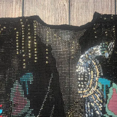 VTG 90s LIMS Black Beaded Sequined Bird Parrot Crochet Knit Cardigan Womens M Size M