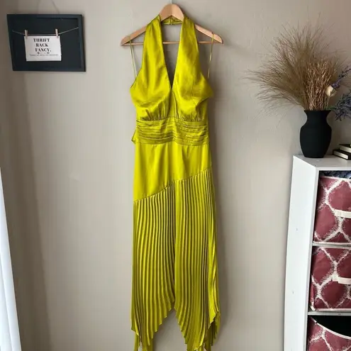 AMUR Dixon Citrine Lime Green Pleated Halter Satin Midi Cocktail Dress Sz 4 NWT
