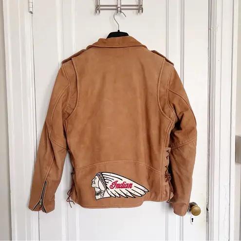 All State • brown leather motorcycle jacket insulated lined moto Indian logo Tan Size L