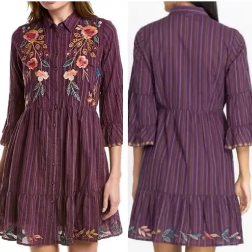 Johnny Was heavily embroidered Shuri Easy Tiered Dress In Purple NWT