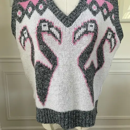 Vintage 80s Jolie Flamingo Pink Grey White Sweater Vest M Size M