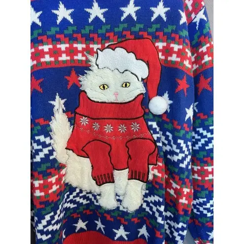 Jolly Sweaters Women's XL Blue/Red Ugly Christmas Sweater Furry Cat Persian Red