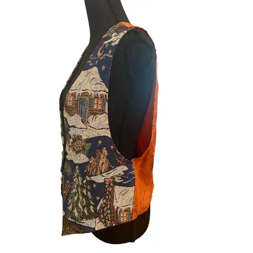 Vintage Backroad Blues Tapestry Cabin Scene Vest USA Made Large Winter Christmas Blue