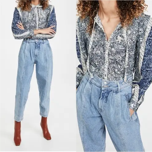 Ulla Johnson Nara Blouse Indigo Patchwork Printed Size 0 XS Statement Sleeves