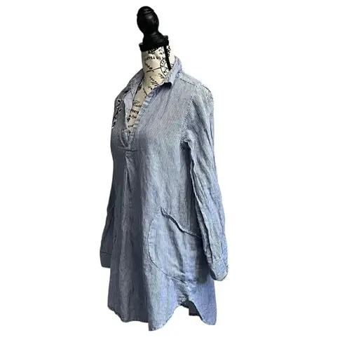 For Cynthia Women’s Blue White Striped Tunic Blouse Embroidered Floral Size S