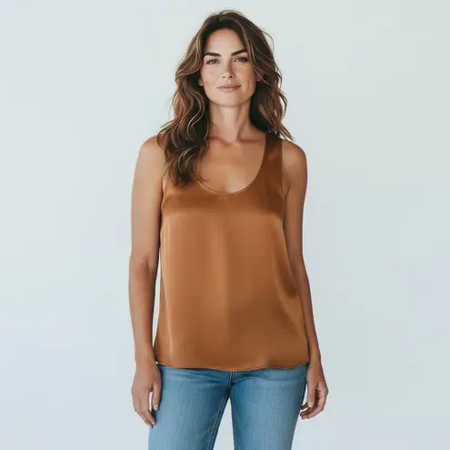 MELLODAY Women's Brown Satin Tank Top Size L Sleeveless Scoop Neck