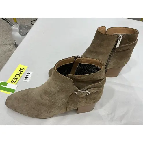 Aquatalia Womans Ankle Boots 10 M Taupe Side Zip Strap Buckle Accent Block Heel