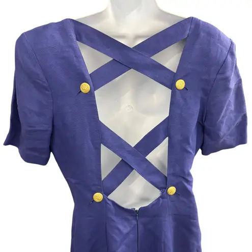 Geary Roark Kamisato Linen Dress Open Back Gold Button Detail Size 14* Blue