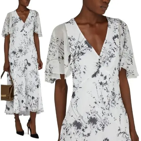 Victoria Beckham Floaty Godet Midi Dress Floral Negative White/Black Womens US 2