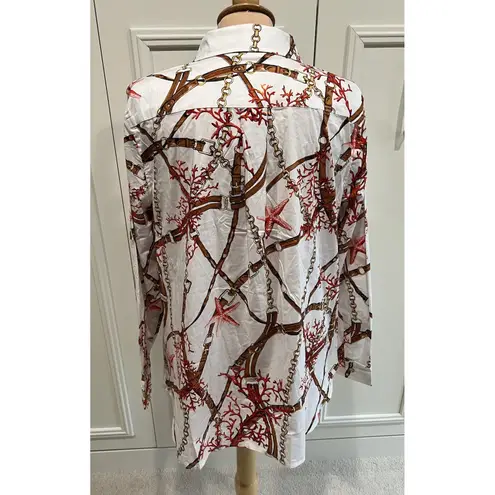 Susan Graver  Bridle Coral Starfish Printed Button Up Shirt Artsy Equestrian