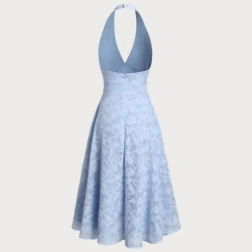 Rihoas Blue Textured Backless Halter Midi Dress