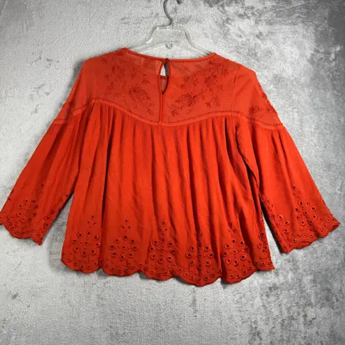 Haute Hippie Rena Blouse Embroidered Peasant Eyelet Bell Sleeve Orange Womens XS