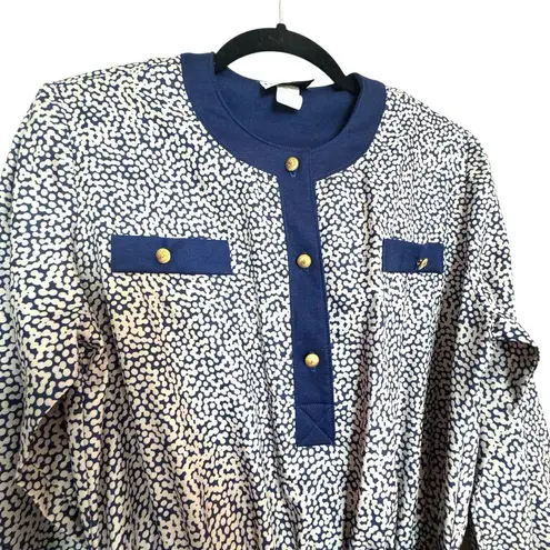 Vintage Hal Hardin Long Sleeve Navy & White Pleated Dress W/ Belt & Gold Buttons Blue Size 14