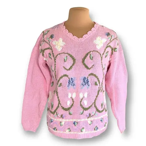 Vintage 90s Embroidered Floral Sweater Pink Scalloped Neck Cottage Flower Knit Size M