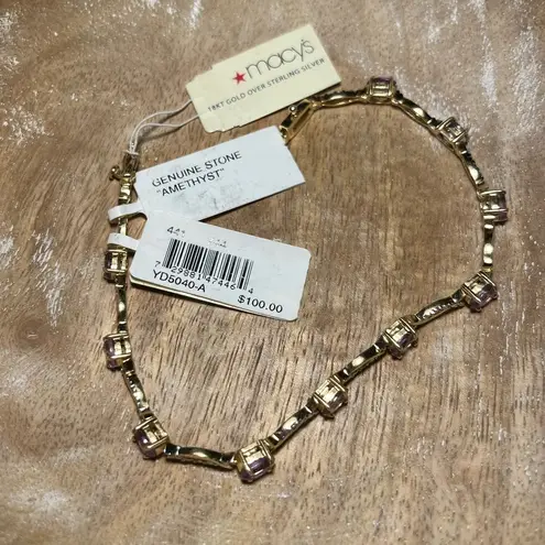 Macy's NWT Dainty Amethyst 18K Gold Over Sterling Silver Bracelet