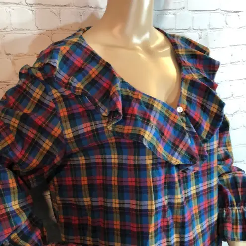 Vintage Trends Ruffled Collar Plaid Flannel Top L Size L