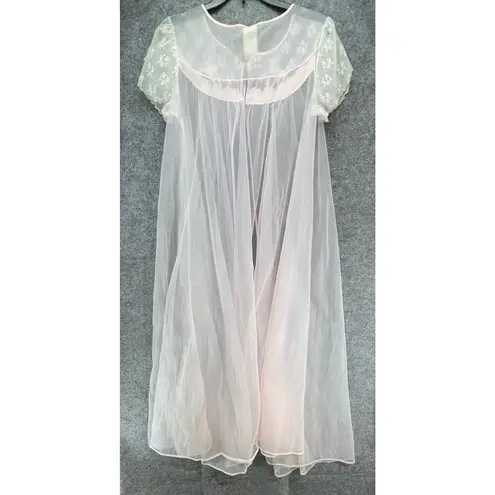 Vintage 60s 70s Peignoir Negligee L Pink Floral Nylon Lace Sheer Retro Feminine Size L