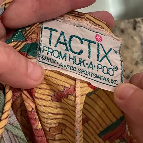 Vintage 1970s Huk A Poo Geometric Maxi Novelty Print Open Slit Dress XS Tan Size M