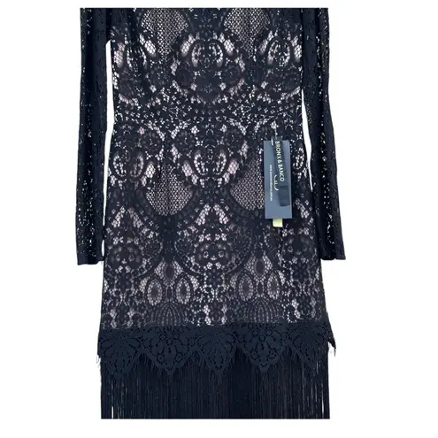 Bronx and Banco Allegra Midi Black Guipure Lace Tan Fringe Midi Dress NWT Large