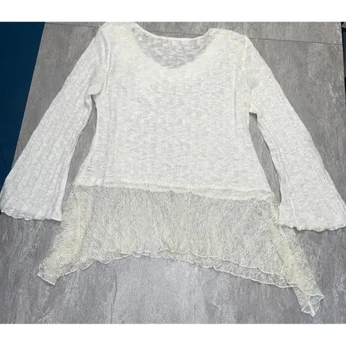 Zba Sz M Y2K white sweater bell sleeve soft girl ballet flower applique pastel Size M