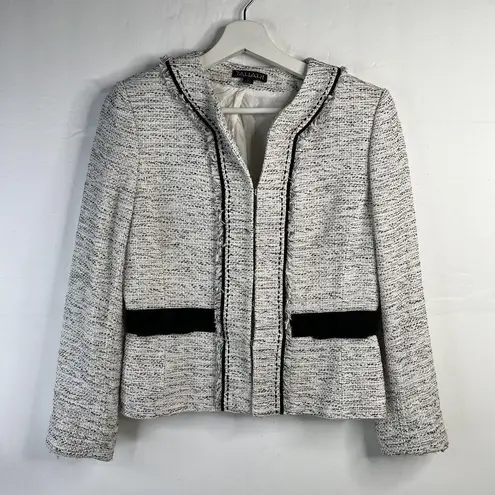 Tahari Size 6 Tweed Blazer Jacket White Black Fringe Stitch Detail V-Neck READ