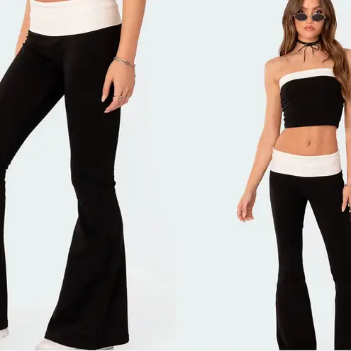 Edikted Black White Contrast Fold Over Low Rise Flare Leggings XL