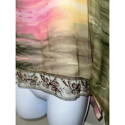 Taunt Women's Sheer Kimono Poncho Top Beaded Hem Tie Dye Size S Green