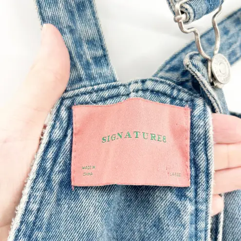 Signatures Womens Work Distressed Denim Jean Straight Leg Overalls Size L Blue Blue