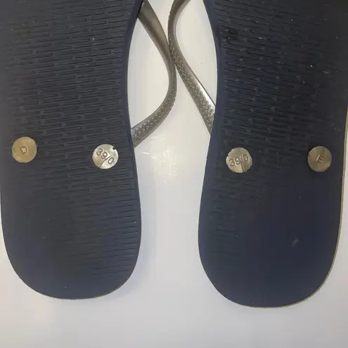 Havaianas Peacock Feather Flip Flop Size US 9/10 39/40 Navy Blue Silver EUC