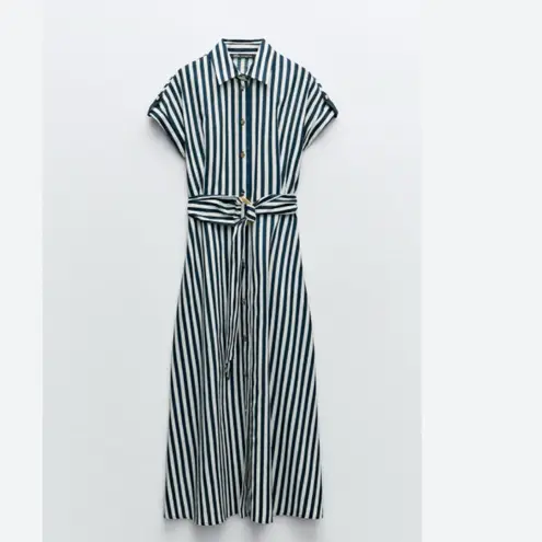 ZARA NWT   STRIPED LINEN/COTTON BLEND MIDI SHIRTDRESS  Bloggers Fave