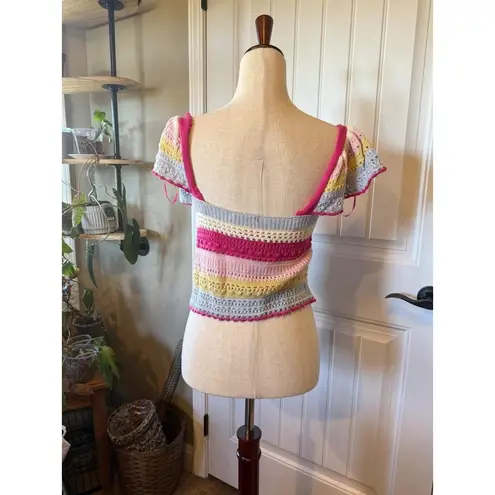 Sincerely Jules Striped Crochet Crop Top Off Shoulder Ruffle Sleeve Pink Yellow Size M