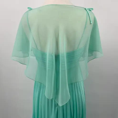 Vintage 70s Pleated Maxi Dress w Sheer Cape Mint Green Tie Spaghetti Strap Small