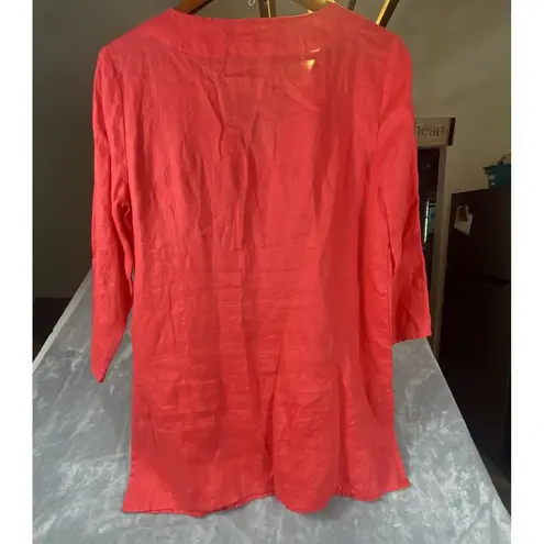 St. Tropez West Pink Embroidered 100% Linen Tunic Top Medium Beach Resortwear