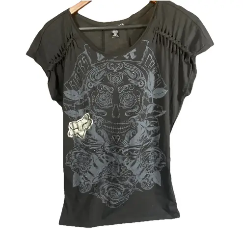 Fox Racing Girls Top Large Black Graphic Print Biker Motocross Logo Skull Grunge