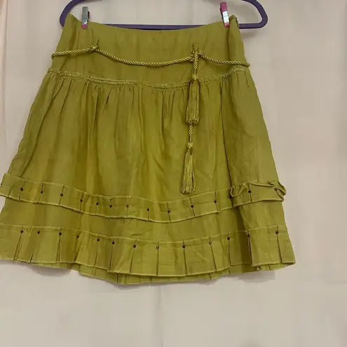 Cynthia Steffe Green Skater Mini Skirt with Pleated Ruffles 100%linen