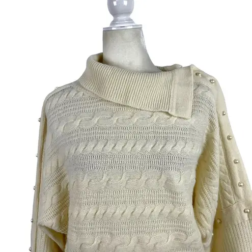 PHILOSOPHY DI LORENZO SERAFINI Pearl Embellished Cable Knit Boxy Sweater Size 4 White