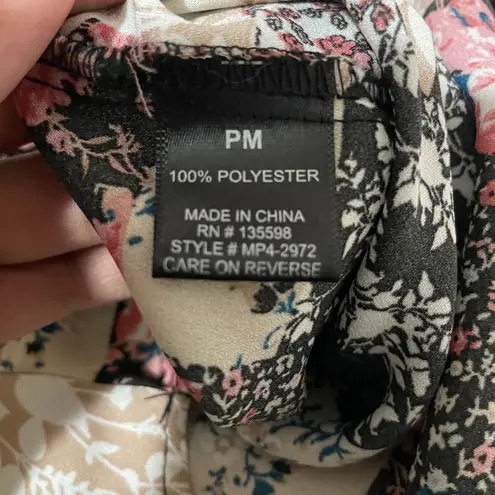 Cure. Petites Women's Floral Colorblock Lace Illusion Tie Neck Blouse Top PM Black Size undefined