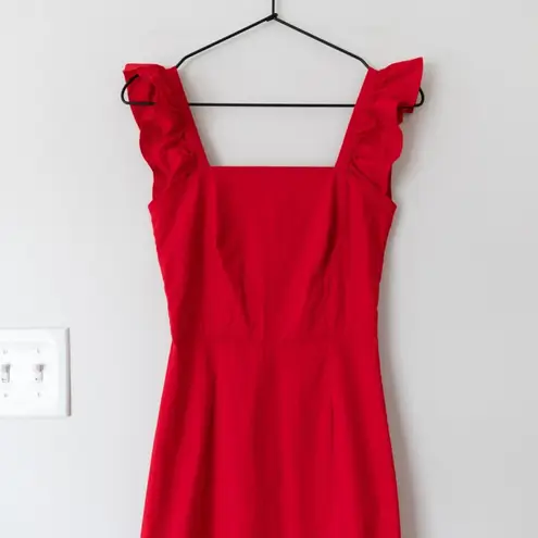 STAUD Valentina Square Neck Red Cotton Flutter Sleeve Midi Dress Size XS