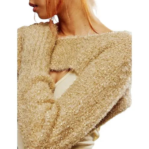 Free People Nova Metallic Gold Fuzzy Knit Bolero Shrug XS Rare Sold Out in EUC