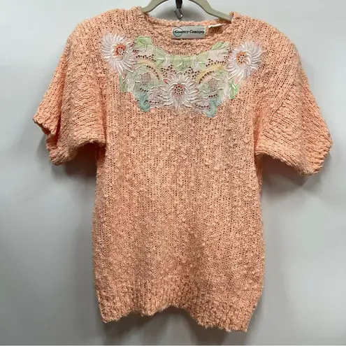 Vintage 80’s M peach Knit short sleeve Sweater Floral Embroidery Orange Size M