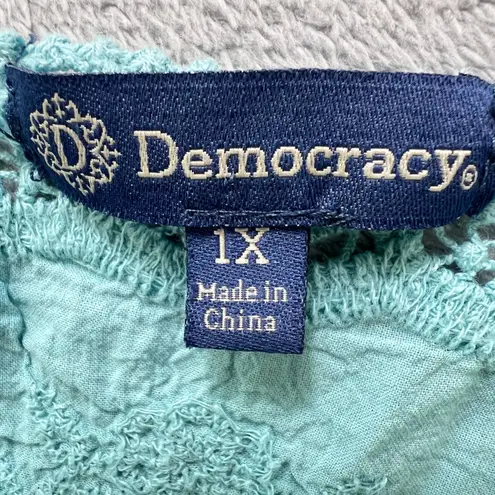 Democracy Women's 1X Blue Lace Embroidered Peasant Blouse Top Cotton Boho