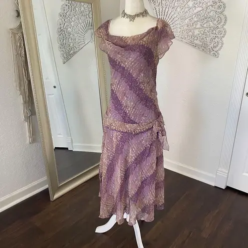 Jonathan Martin Early 2000's Purple Tan Drop Waist Frilly Cinched Off Shoulder Midi Mesh Dress L