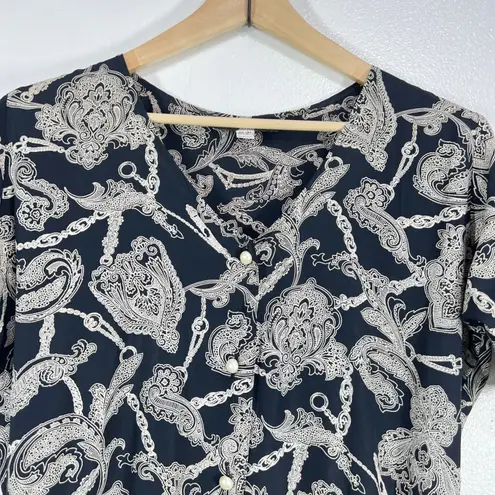 Vtg. Dress to Kill Rayon Maxi Dress Paisley Chain Print Pockets Pearls Buttons Black Size XL