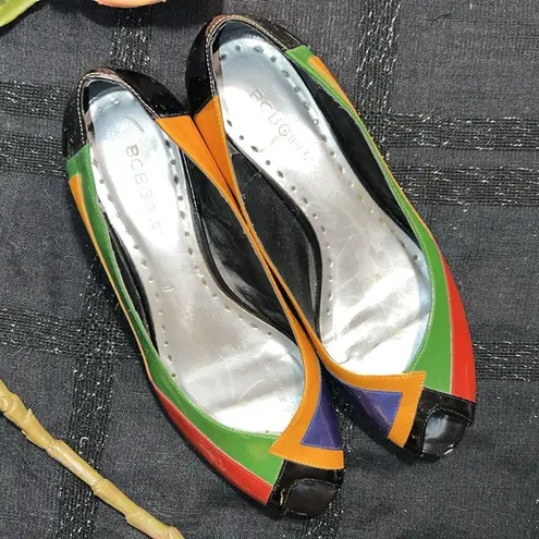 BCBGirls Size 7.5 Peeptoe Colorblock Wedges