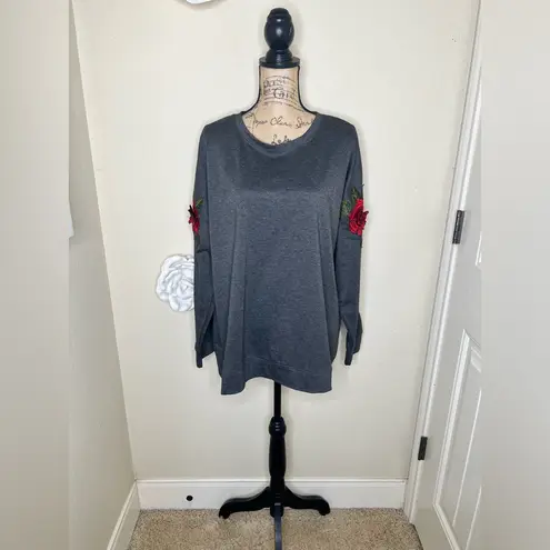 Very J NTM:  Thicker Charcoal Long Sleeve Top with 3D Rose Embroidery Sz XL