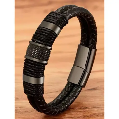 Vintage Woven Leather Rope Wrap Bracelets For Men Classic Stainless Steel Bangle Black