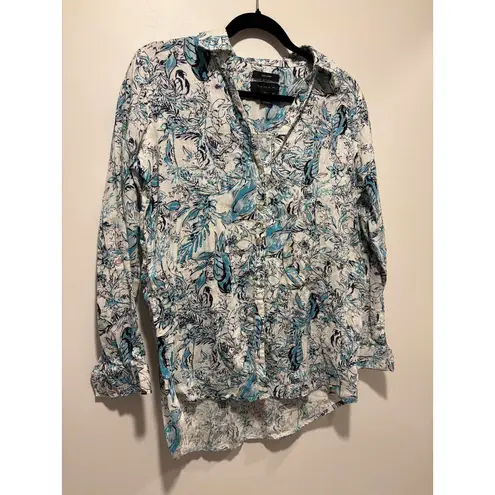 Tahari Blue & White 100% Linen Floral/Bird Print Blouse Sm