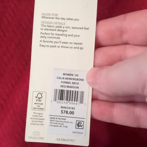 Calia By Carrie Underwood Elevate Herringbone Funnel Neck Red/Maroon Size XS Red