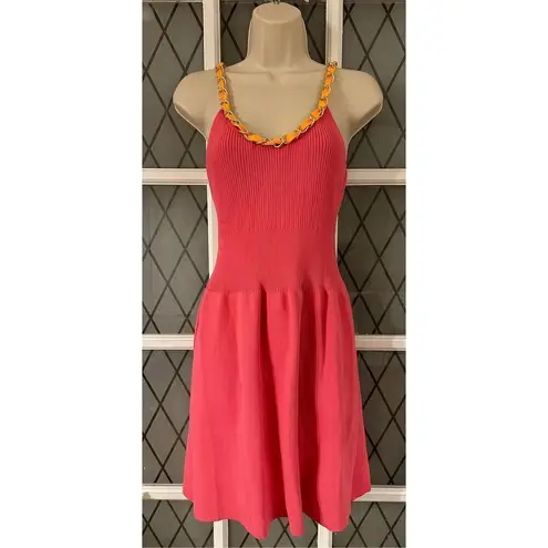 ZARA  Chain Strap Sleeveless Rib Knit Fit And Flare Dress Hot Pink Size Large